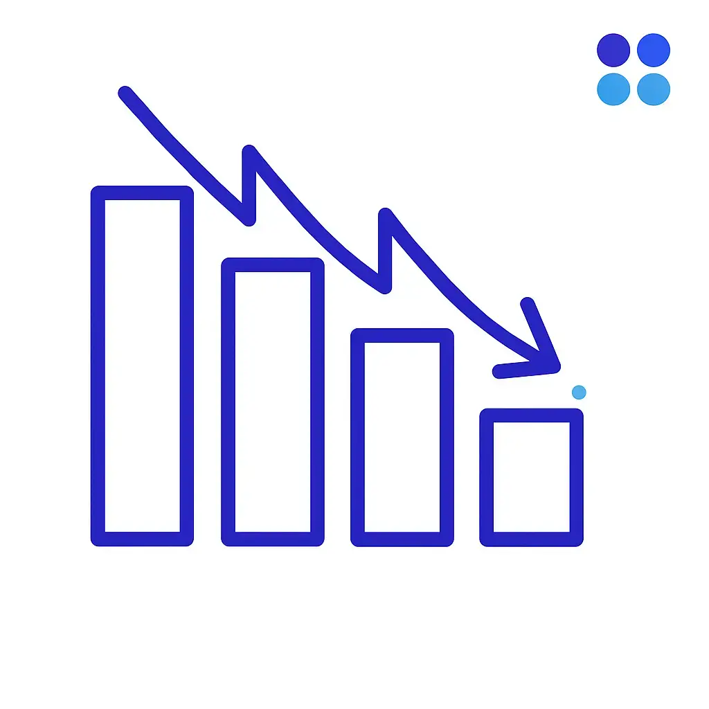 A bar chart with four descending rectangular bars and a sharp downward arrow illustrating declining revenue.