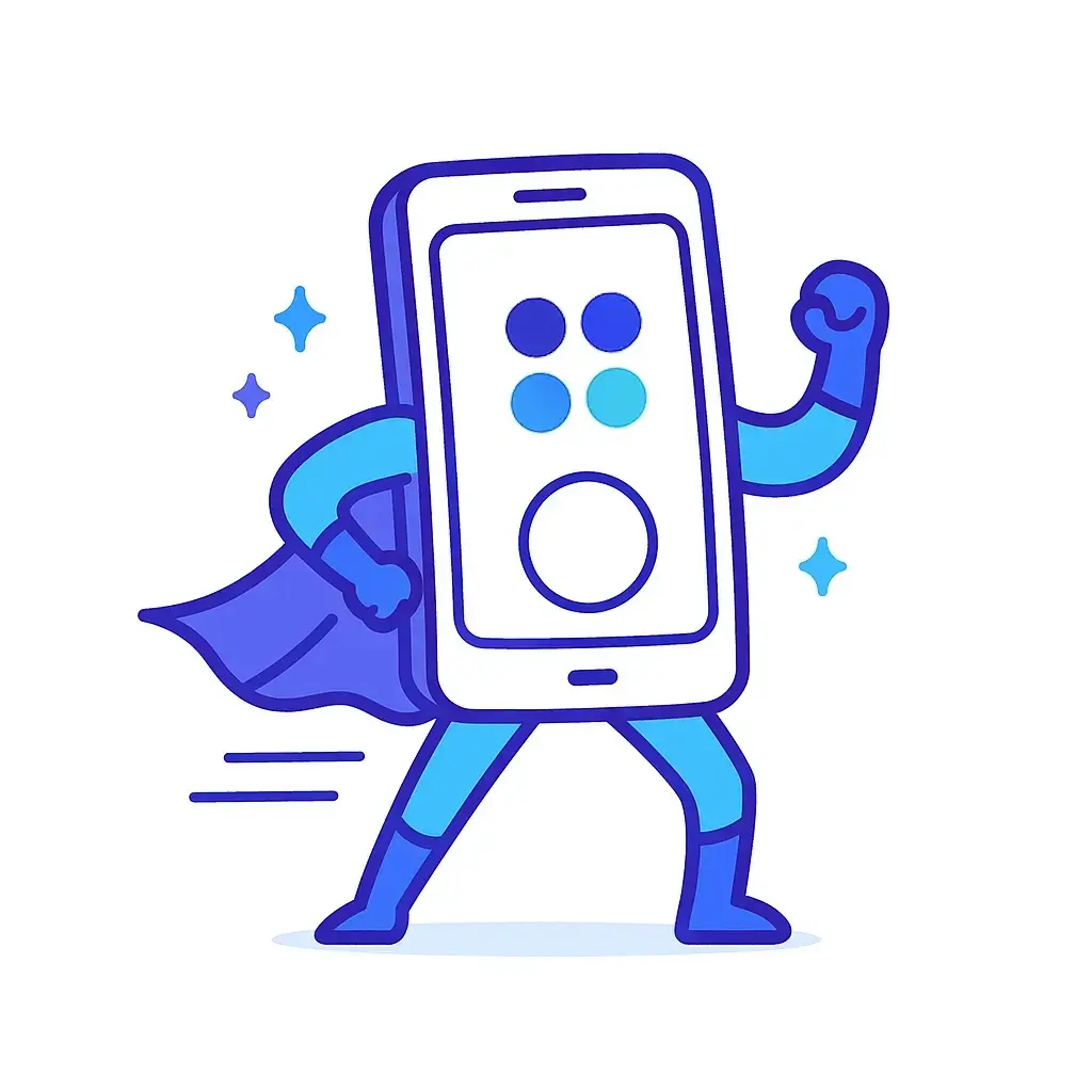 A smartphone character stands in a heroic pose with clenched fists and a flowing cape, displaying the Go Answer four-circle logo on its screen to symbolize powerful mobile support.