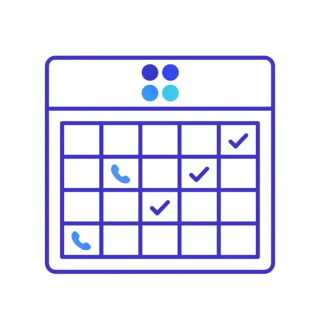 A simplified monthly calendar displays days marked by telephone handset icons and checkmarks beneath the Go Answer four-circle logo, representing scheduled calls and completed tasks.