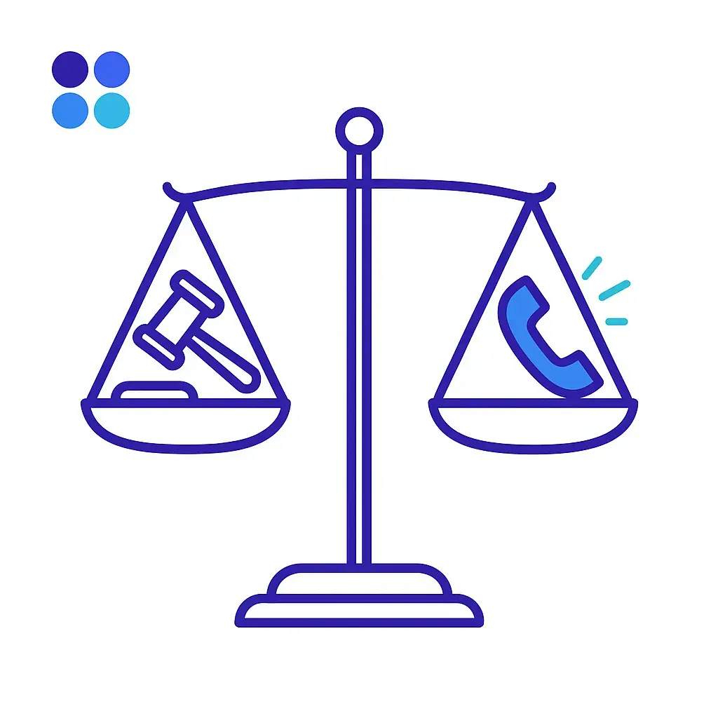 A balance scale with a judge’s gavel on one side and a ringing phone on the other symbolizing the trade-off between legal risk and call management.