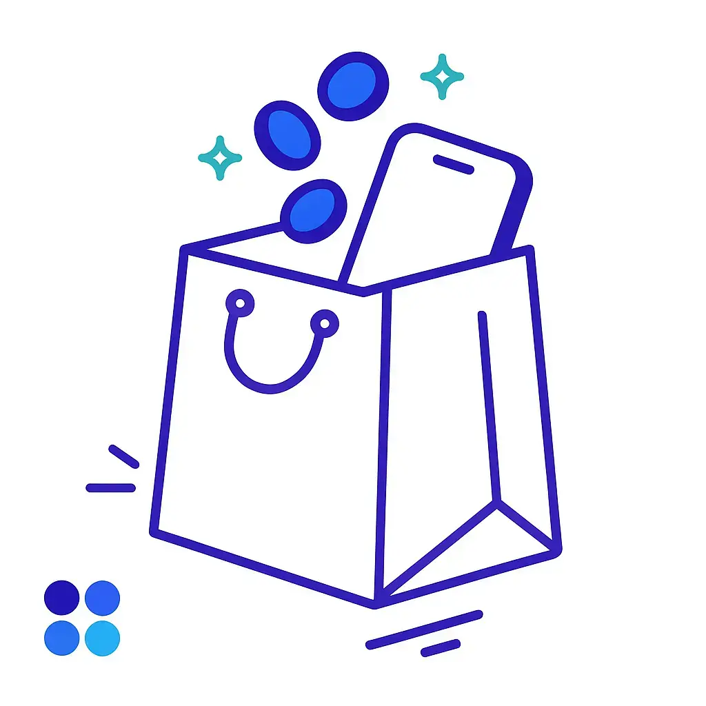 A shopping bag filled with a smartphone and spilling coins to illustrate missed sales opportunities from unanswered calls.