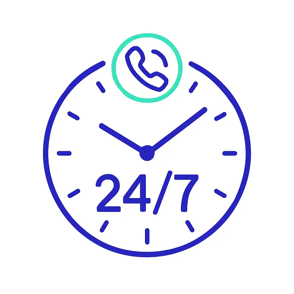 A clock face marked “24/7” with a phone icon at the top to indicate continuous call availability day and night.