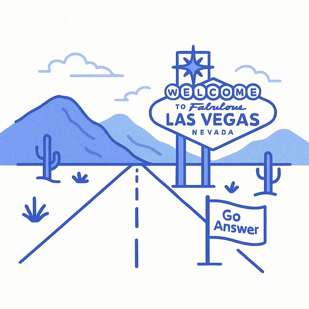 Illustration of a highway leading to the Las Vegas sign with mountains, desert plants, and a Go Answer flag.
