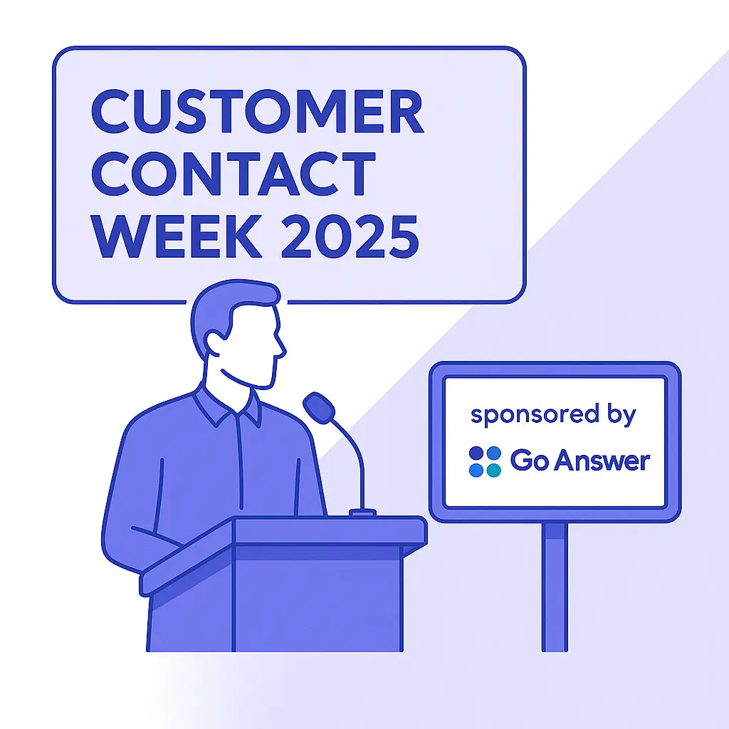 Illustration of a speaker at a podium with a “Customer Contact Week 2025” banner and a digital screen reading “sponsored by Go Answer” with the 4-dot logo.