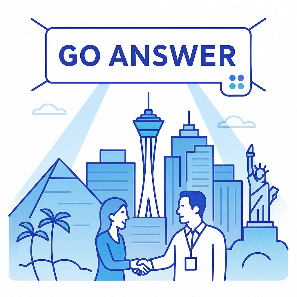 Clean line-art image of Las Vegas skyline with a white Go Answer banner, blue text, and handshake scene in foreground.