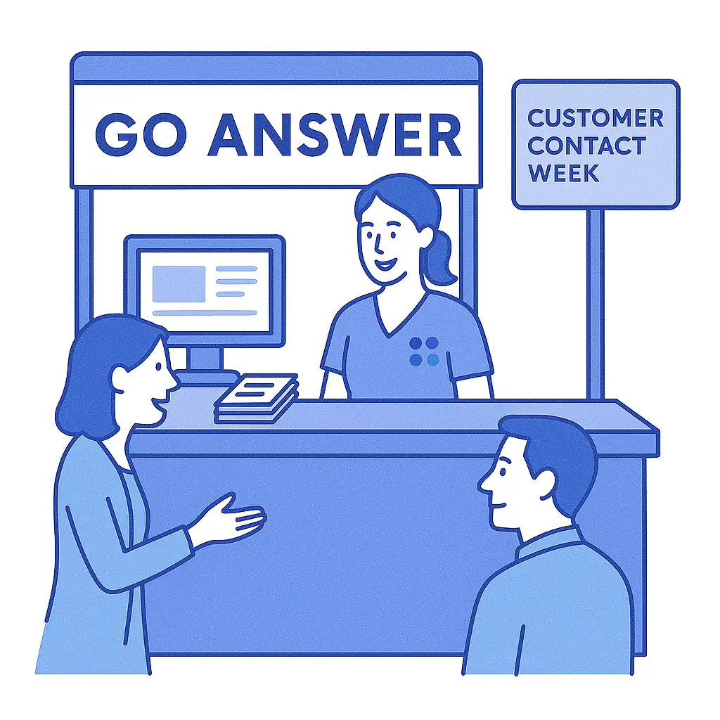 A branded Go Answer trade show booth with a staff member behind the counter, bold signage overhead, and engaged attendees at Customer Contact Week.