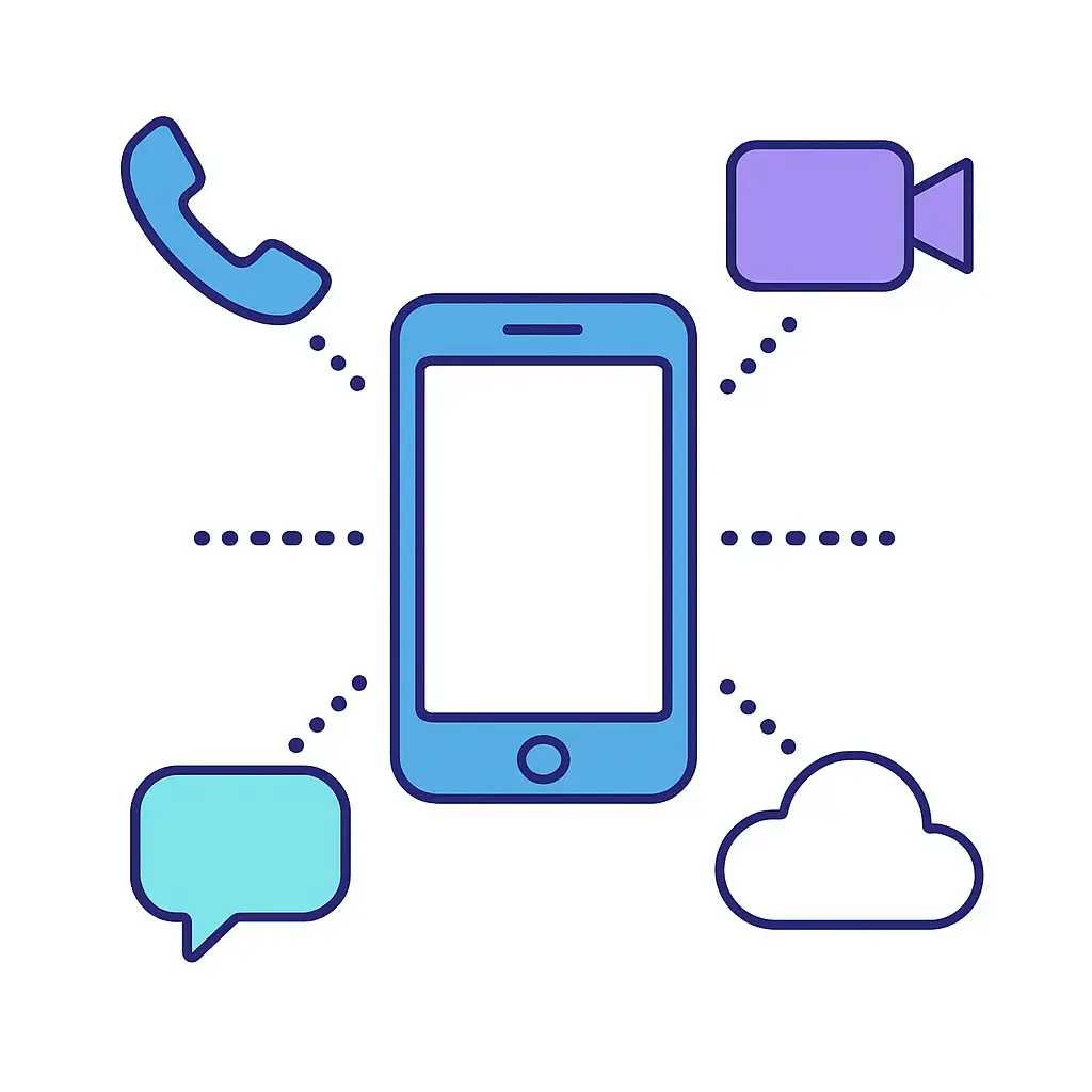 Illustration shows a smartphone connecting voice, video, chat and data icons with dotted lines, symbolizing unified communications.