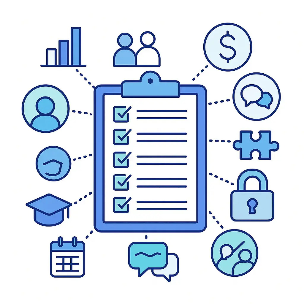 A clipboard checklist with checkboxes connected to icons for data review, staffing, budgeting, bilingual support, integration, security and more.