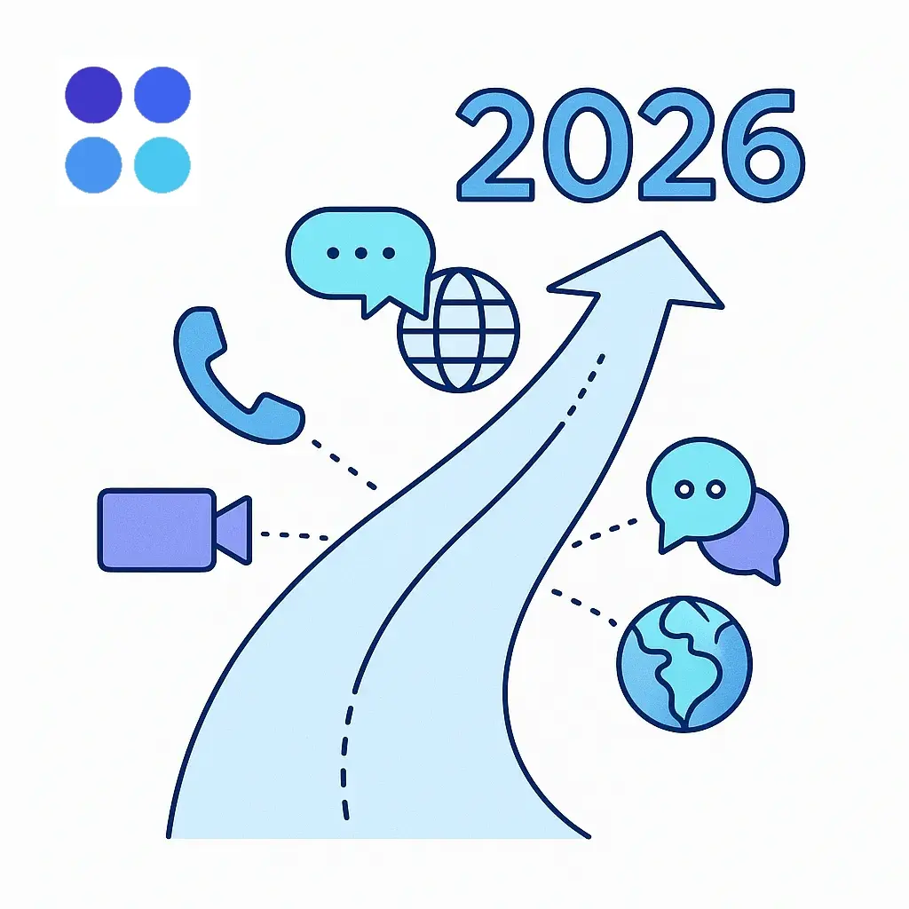 A curved arrow path leading toward 2026 with icons for phone, video, chat, and globe highlights readiness for future phone coverage.