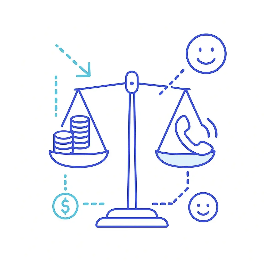 A balanced scale with coins and a ringing phone plus arrows demonstrates cost reductions and improved reliability from modern phone coverage.