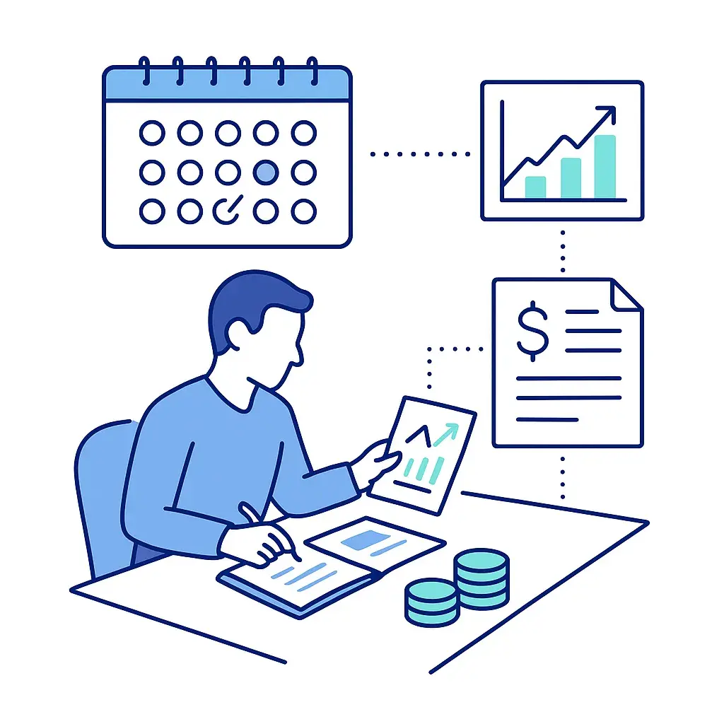 A person plans budgets with a calendar, charts and documents, connected by dotted lines to highlight year‑end phone coverage planning.