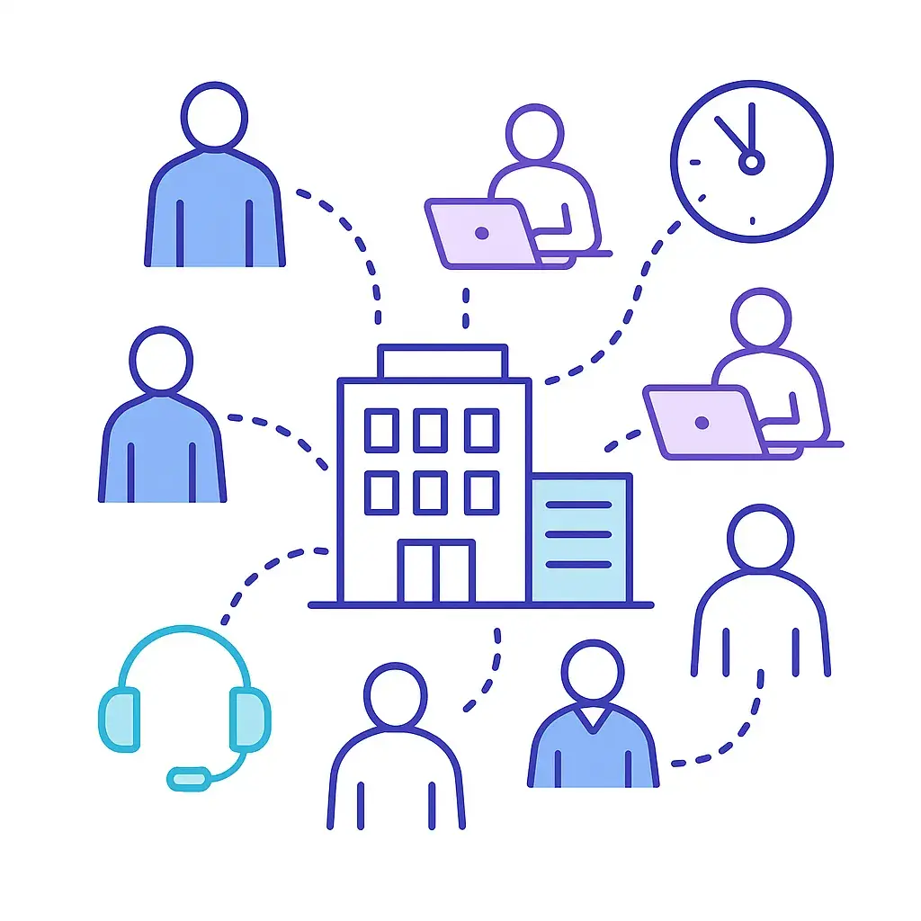 An office building surrounded by permanent and remote staff icons with dotted connections and a headset depicts flexible staffing and workload.