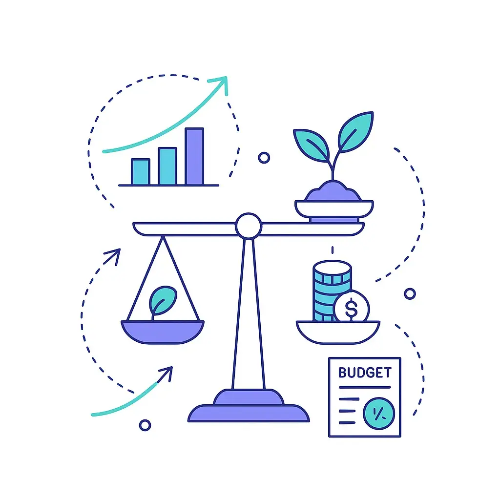 A scale balancing a plant and coins with arrows and charts shows scenario planning to manage budgets and growth for phone coverage.