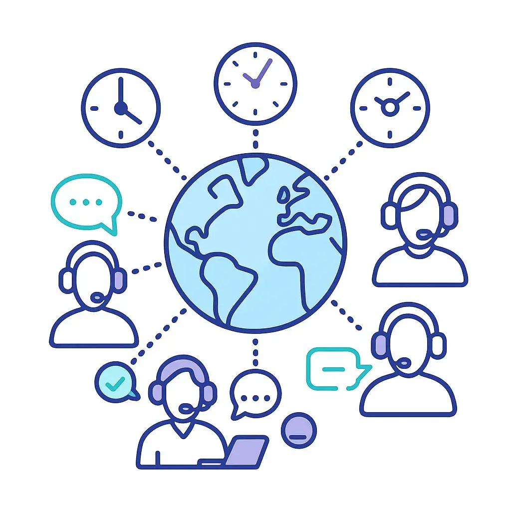 A globe with clocks and headsets connected by dotted lines represents around‑the‑clock customer support across multiple time zones.