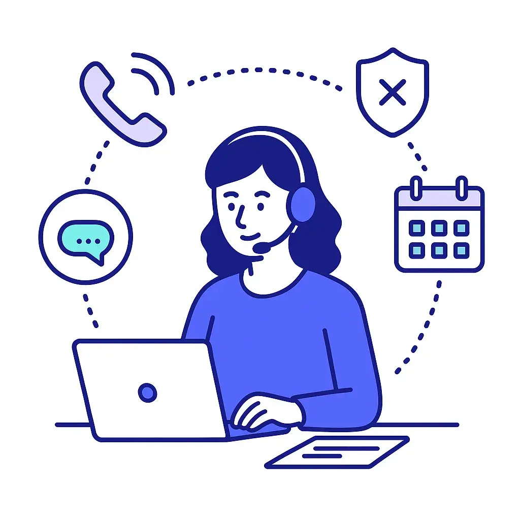 A virtual receptionist at a laptop is linked with icons for call handling, spam filtering, appointment scheduling, and messaging.