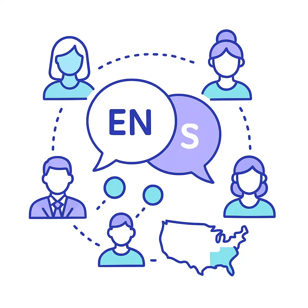 Speech bubbles labeled EN and S surrounded by diverse customer icons and a U.S. map illustrate bilingual support and wider market reach.