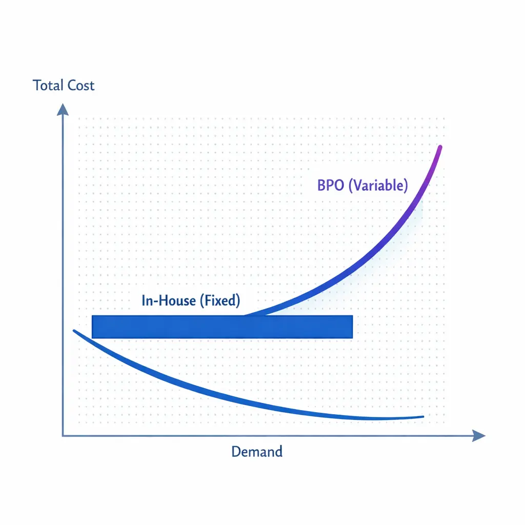 A simple chart contrasts fixed in-house costs with variable BPO costs across changing demand.