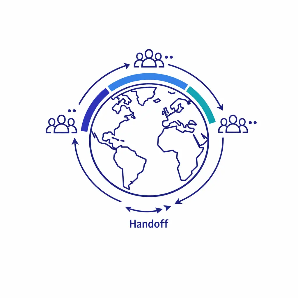 A globe with three daylight zones shows teams handing off support across time zones.