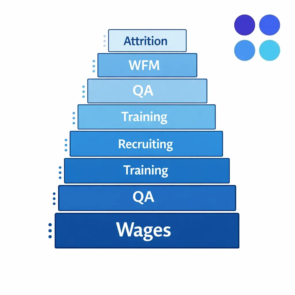 A stacked block diagram shows wages plus benefits, recruiting, training, QA, and management overhead.