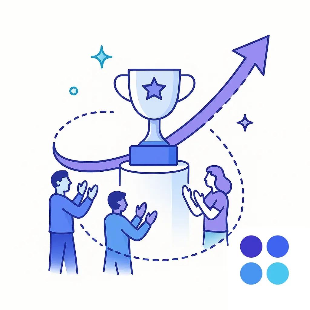 Illustration showing a trophy with an upward arrow and team members applauding, symbolizing Go Answer's Inc. 5000 recognition.