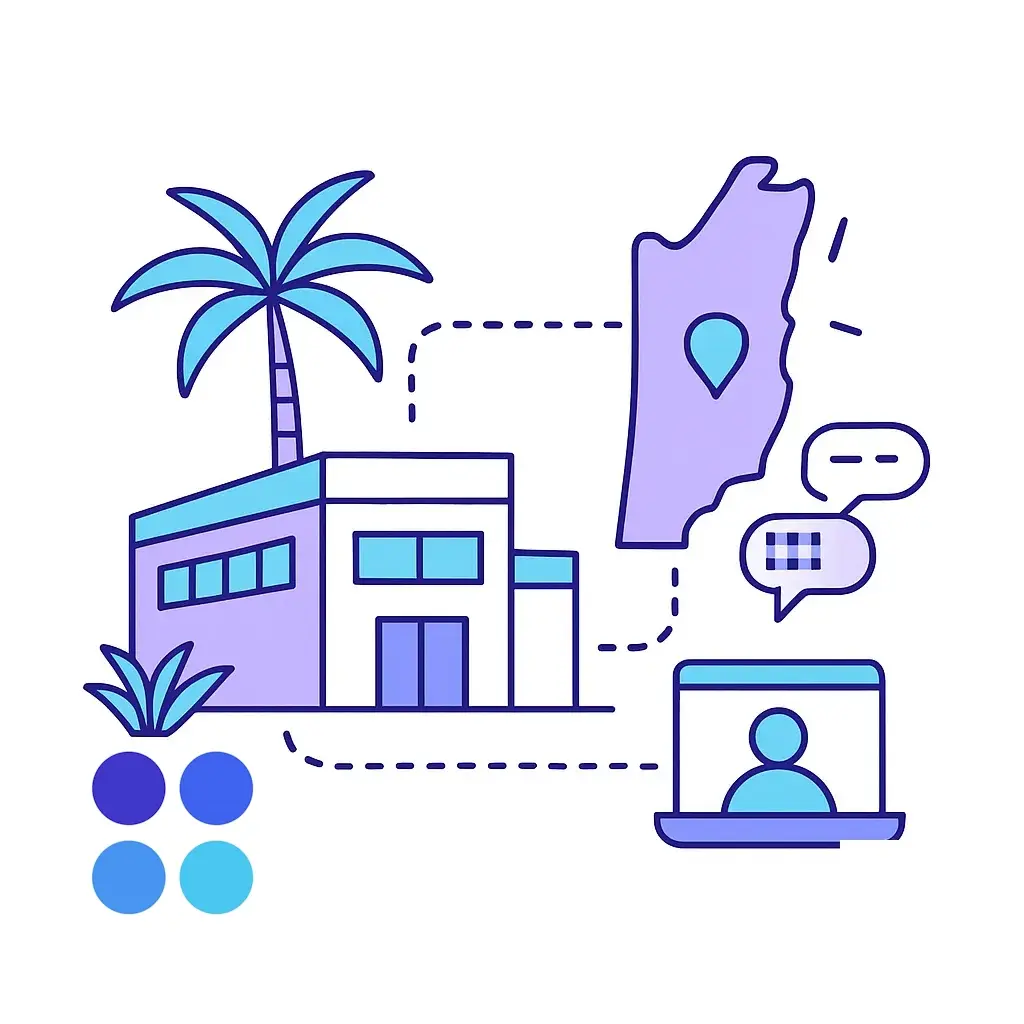 Modern building with palm tree, Belize map and bilingual chat icons, depicting Go Answer's nearshore expansion.