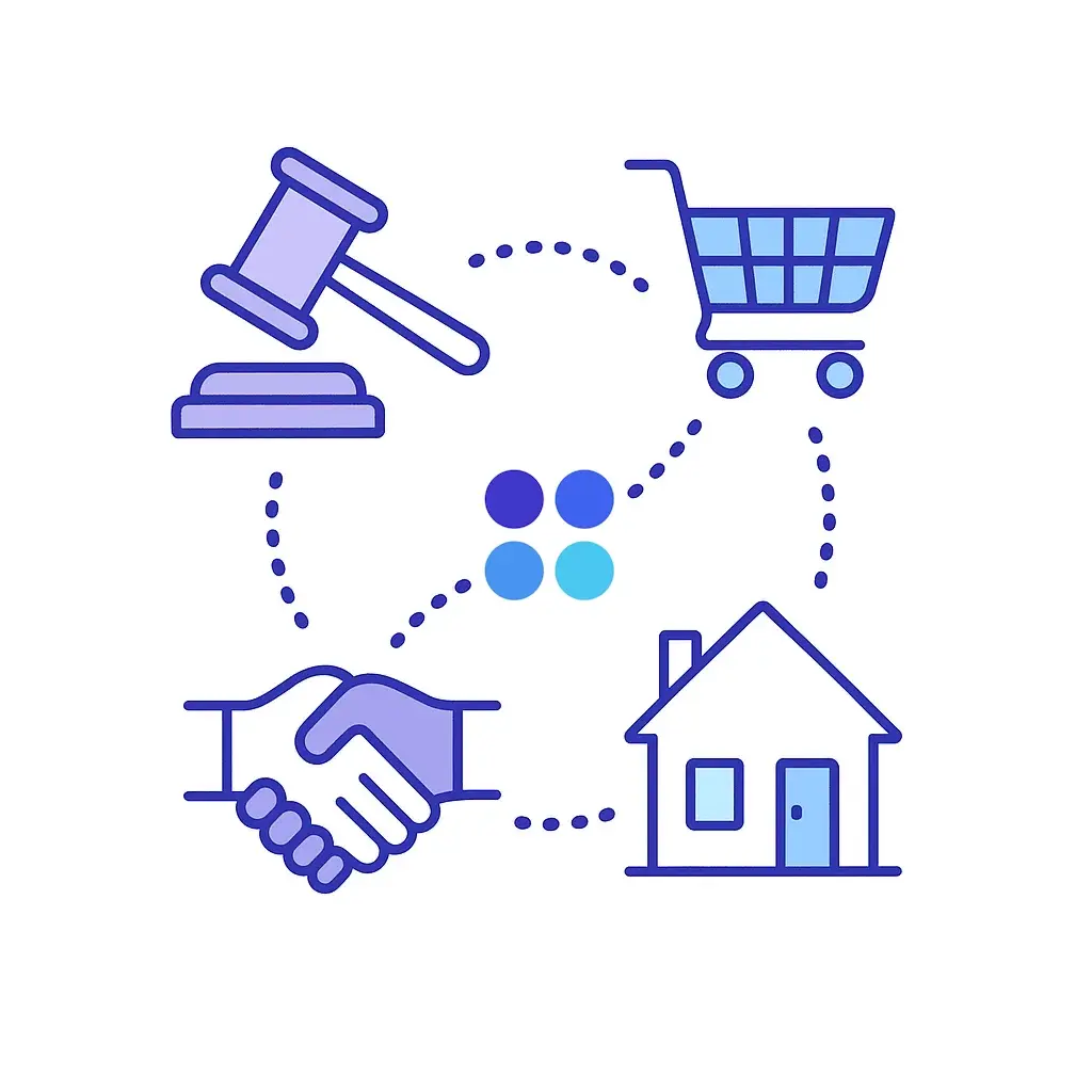 Gavel, shopping cart and house icons connected by dotted lines, illustrating Go Answer's tailored industry solutions.