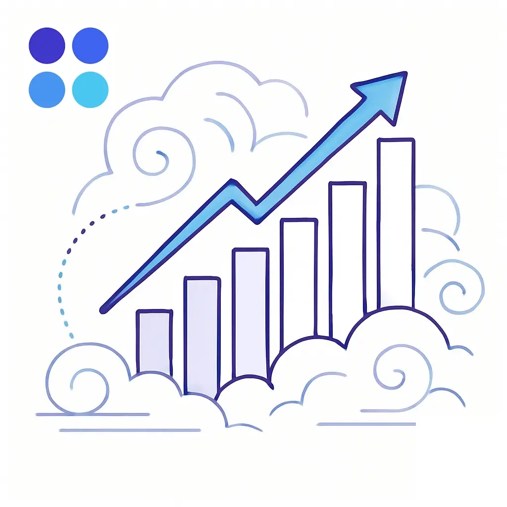 Ascending line chart and bar graph emerging from swirling clouds, signifying companies that grew through storms.