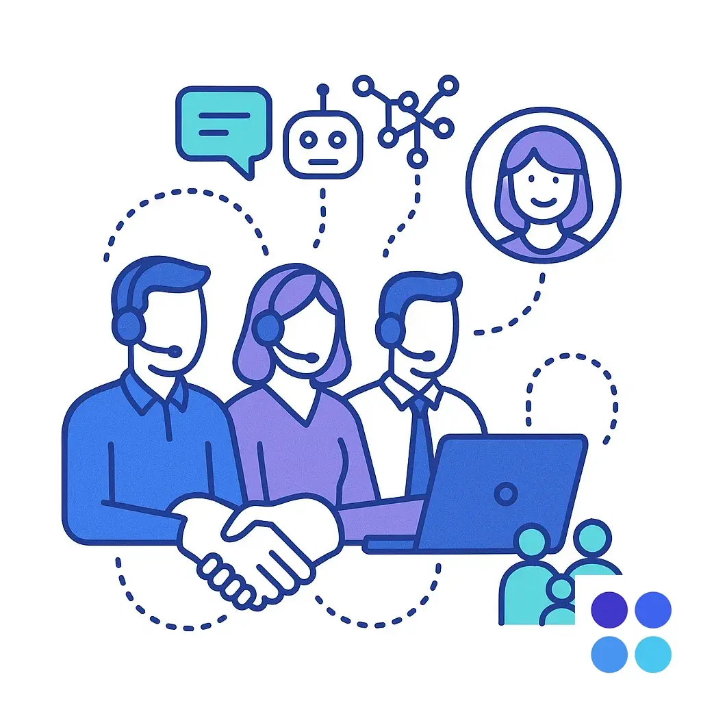 Call center agents with headsets, AI icons and a family symbol, highlighting Go Answer's family owned contact center.