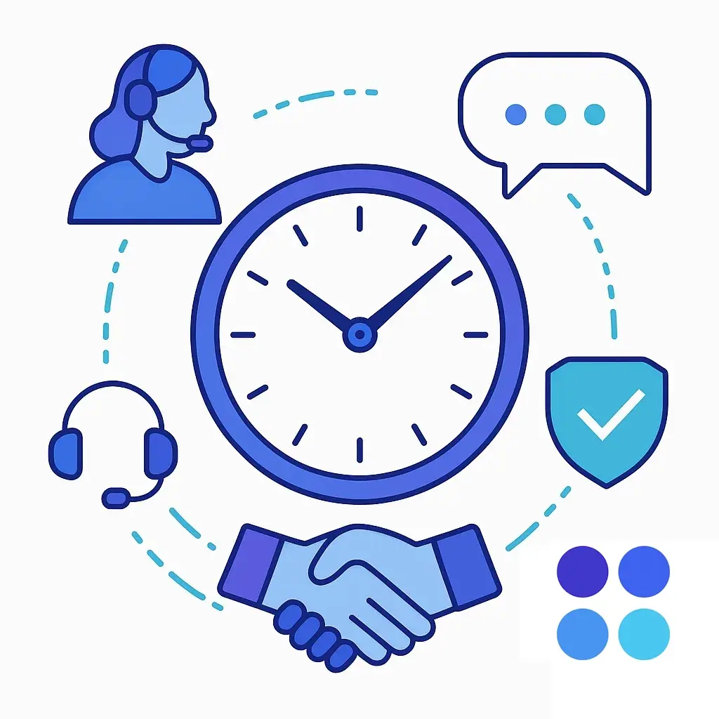 Large clock surrounded by support icons and a check mark, symbolizing Go Answer’s 24/7 bilingual support and quality.