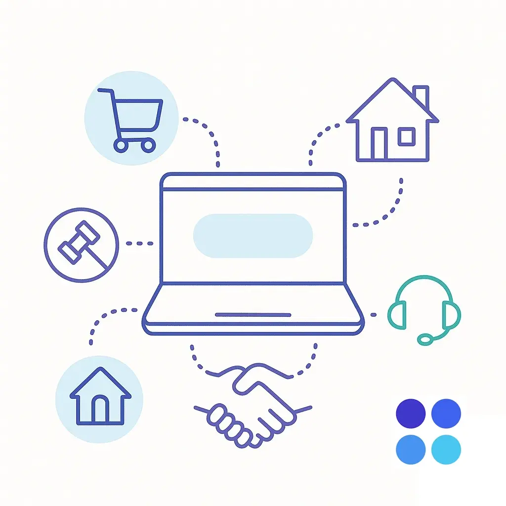 Laptop with a blank button and surrounding icons for legal, ecommerce, home services and support, inviting users to schedule a demo.