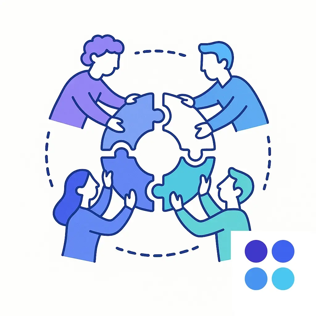 Abstract figures connecting puzzle pieces in a circle, illustrating Go Answer's dedicated teamwork and collaboration.