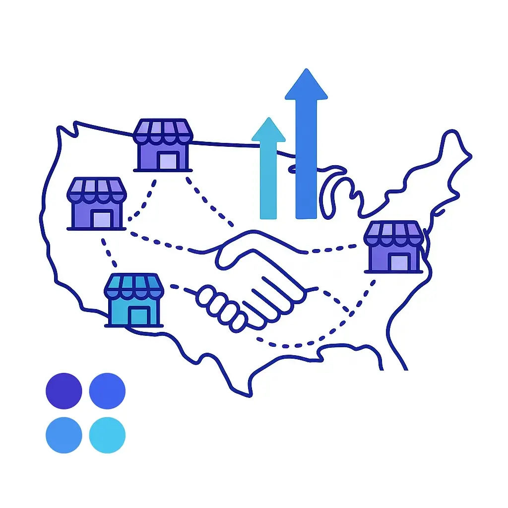 Map of the United States with storefront icons connected by dotted lines and arrows, symbolizing dynamic entrepreneurial growth.