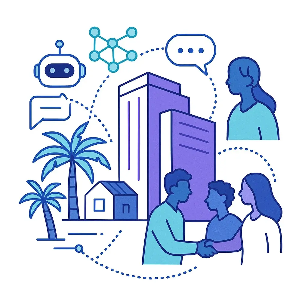 Futuristic building with palm trees, AI icons and people shaking hands, visualizing Go Answer's AI and Belize facility vision.