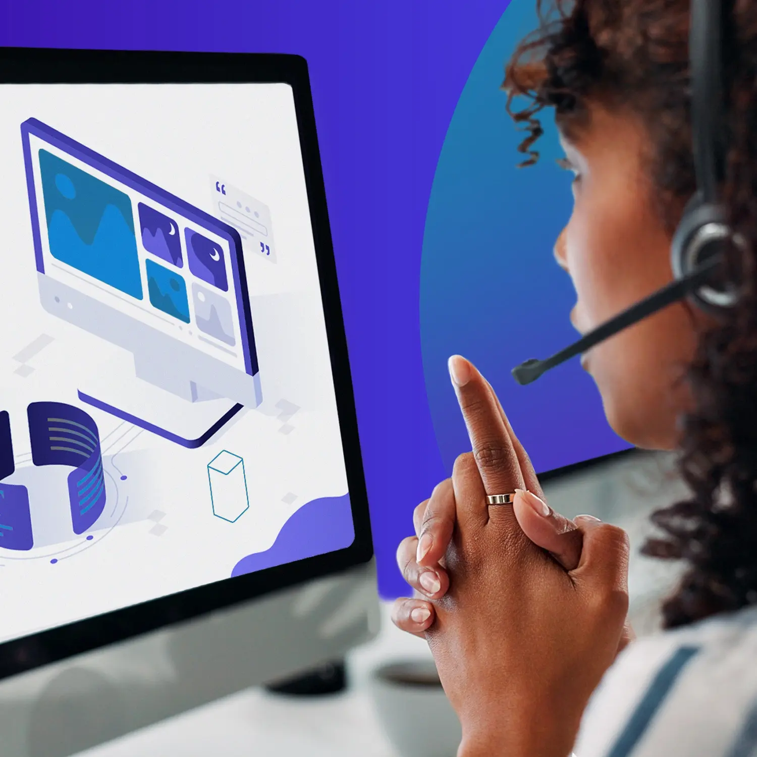Agent wearing a headset viewing a digital dashboard, representing AI virtual receptionist support and call routing.