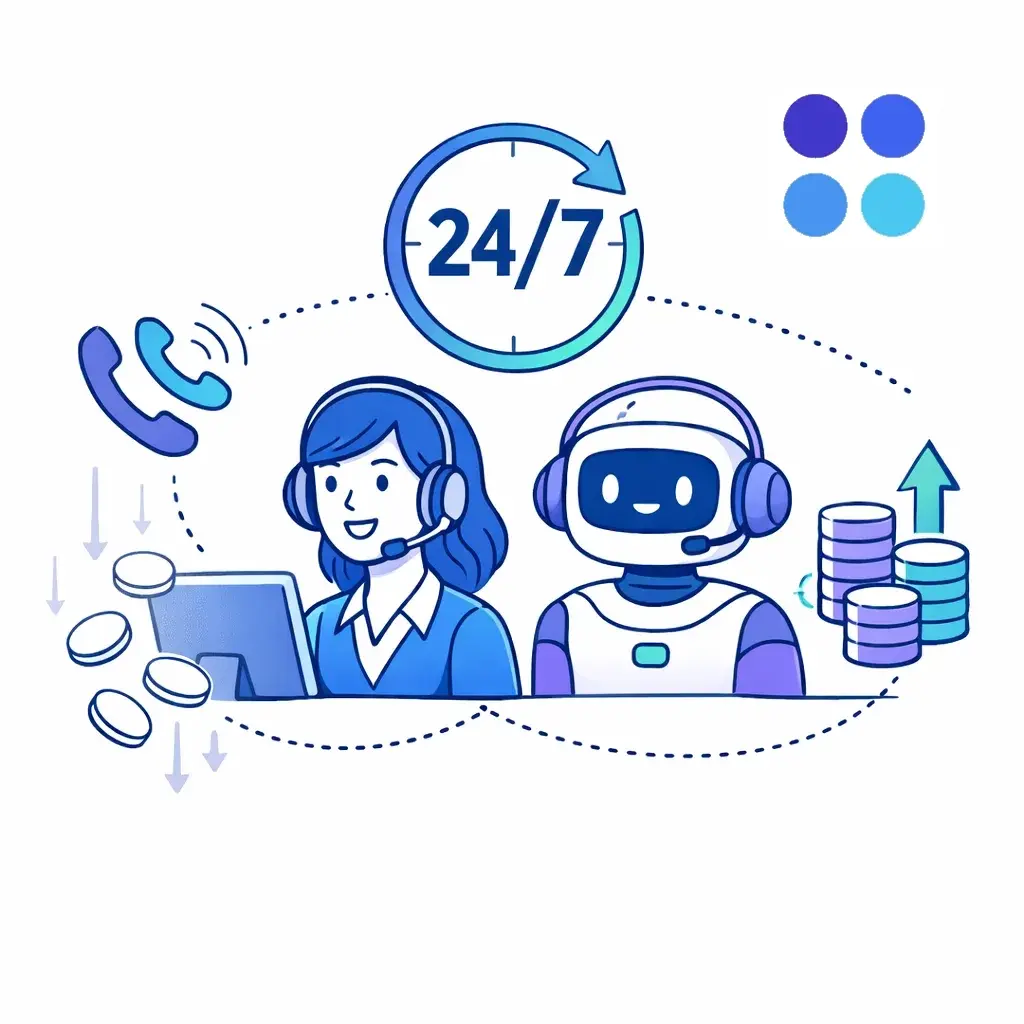 Human and AI receptionists answer calls 24/7 with dotted lines and coins showing missed-call costs.