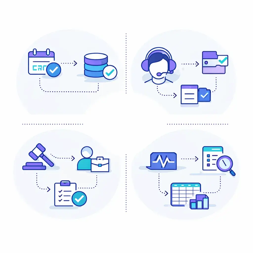Four quadrant graphic displays appointment, support, legal and reporting automation flows.