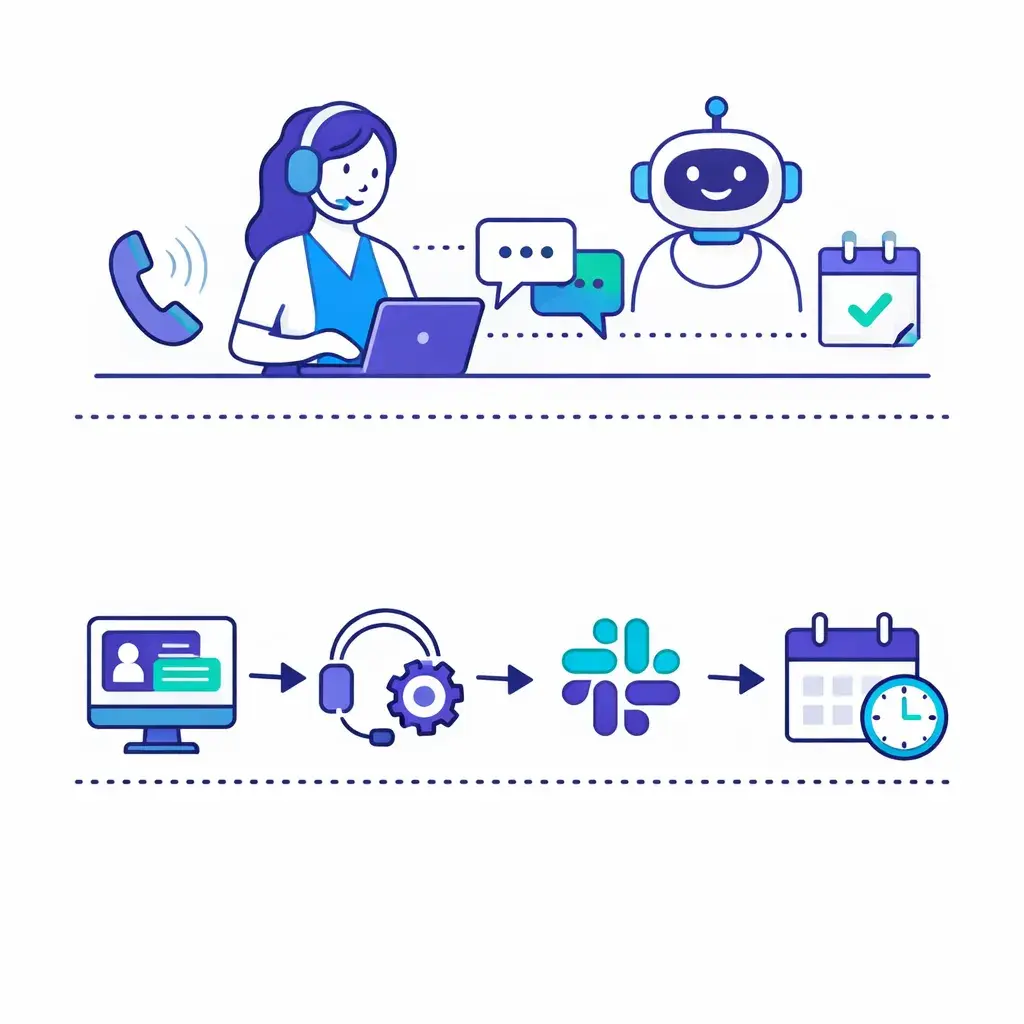 Go Answer captures calls and chats while Zapier routes data to CRM, help desk, Slack and calendar.