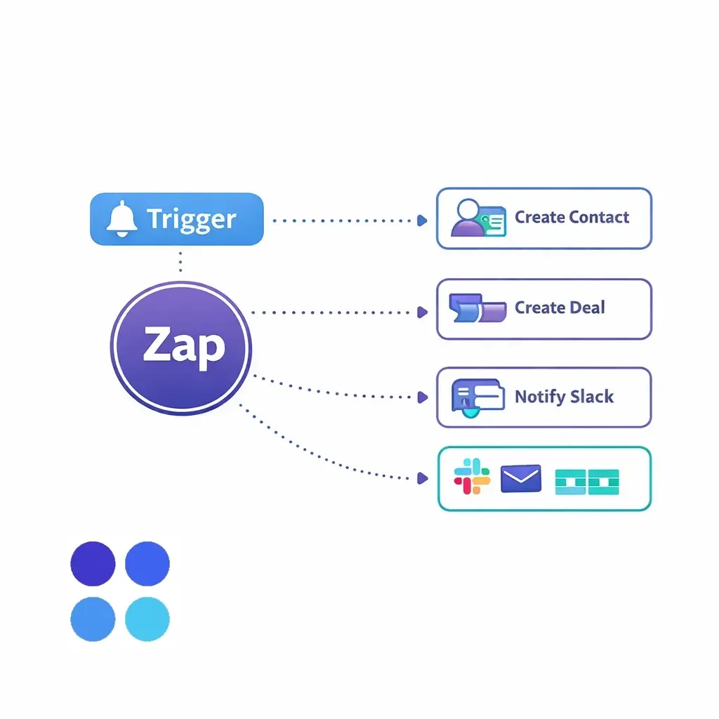 A Zap diagram shows a trigger feeding actions for creating contacts, deals and Slack notifications.