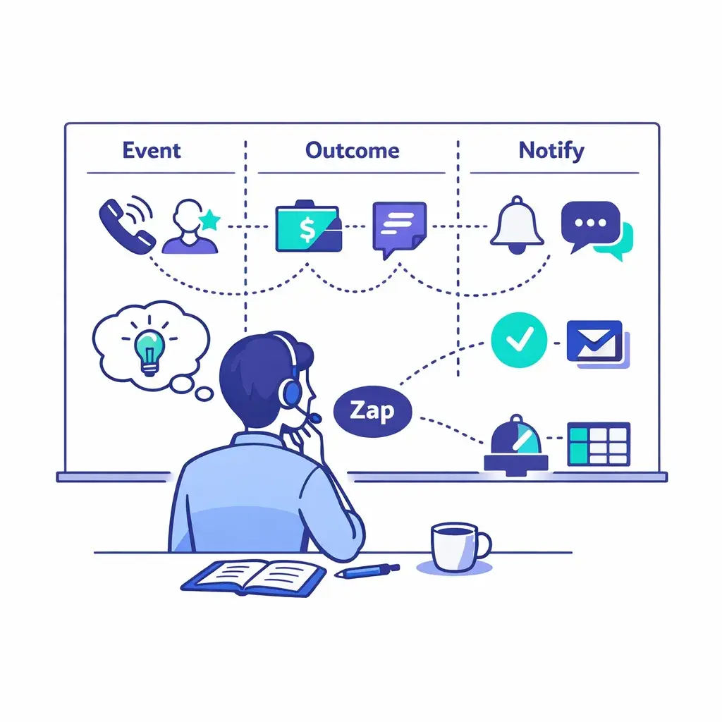 Board with event, outcome and notify sections, icons and dotted lines guides workflow planning.