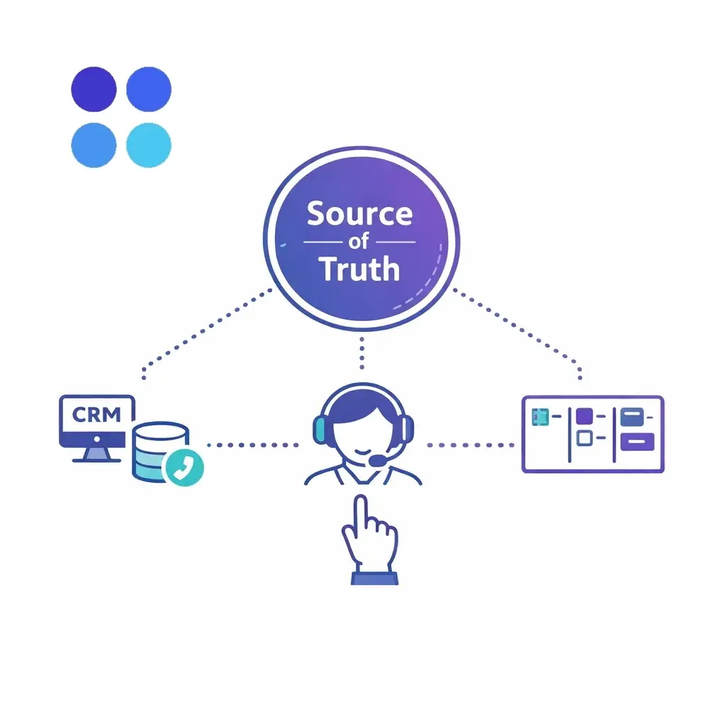Central source of truth node links to CRM, help desk and project board icons via dotted lines.