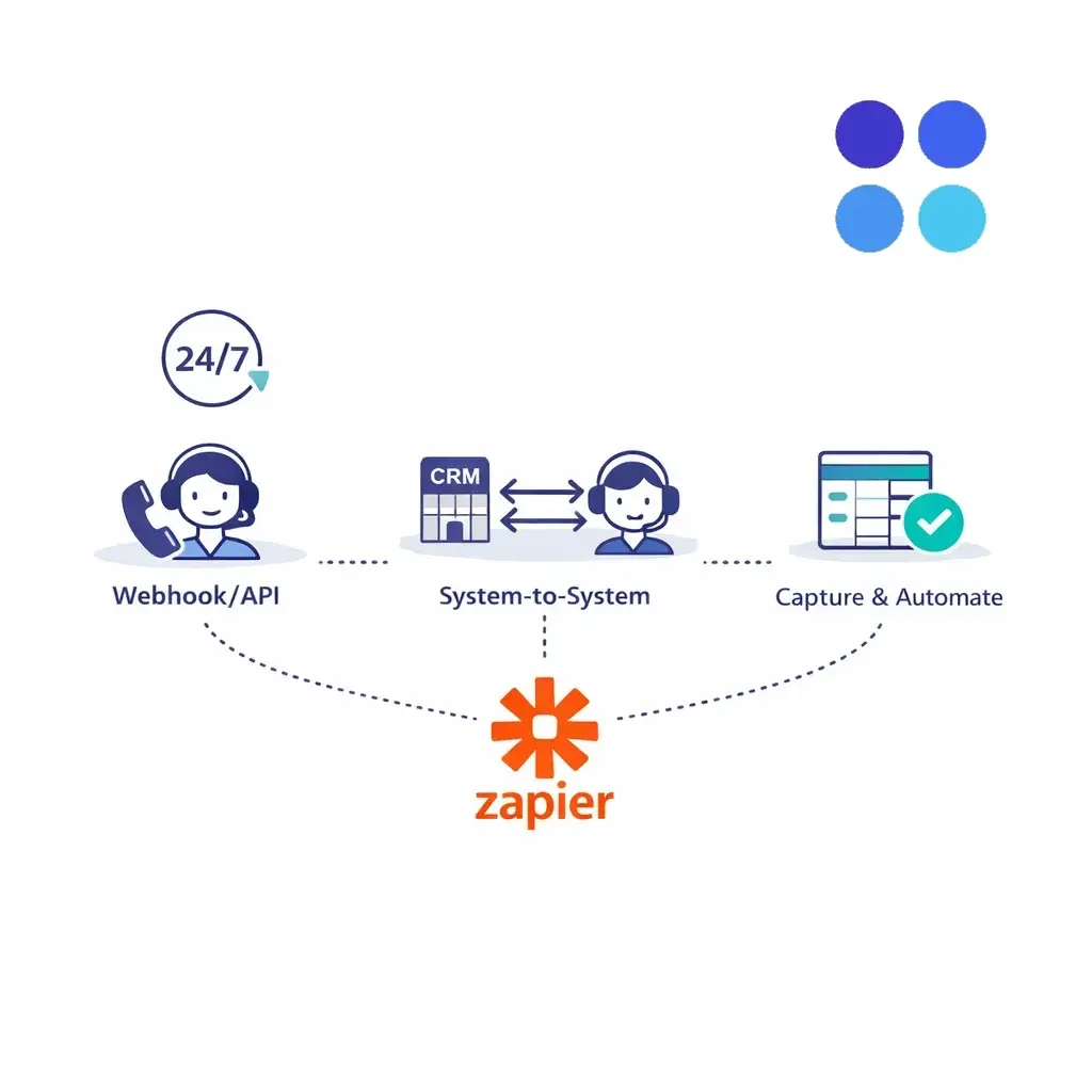 Infographic shows three methods to send data into Zapier: webhook, system-to-system and capture.