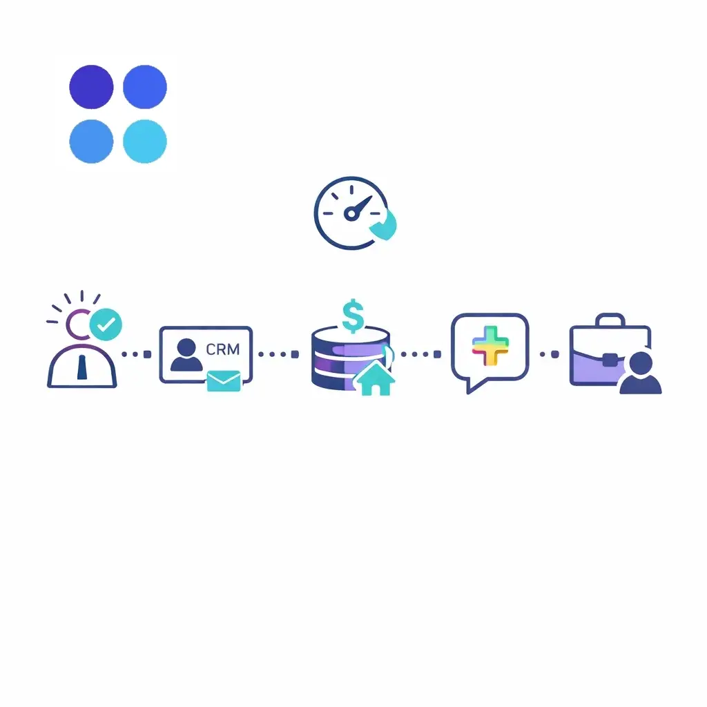 New lead icon triggers CRM contact, deal creation, Slack alert and assignment with urgency.