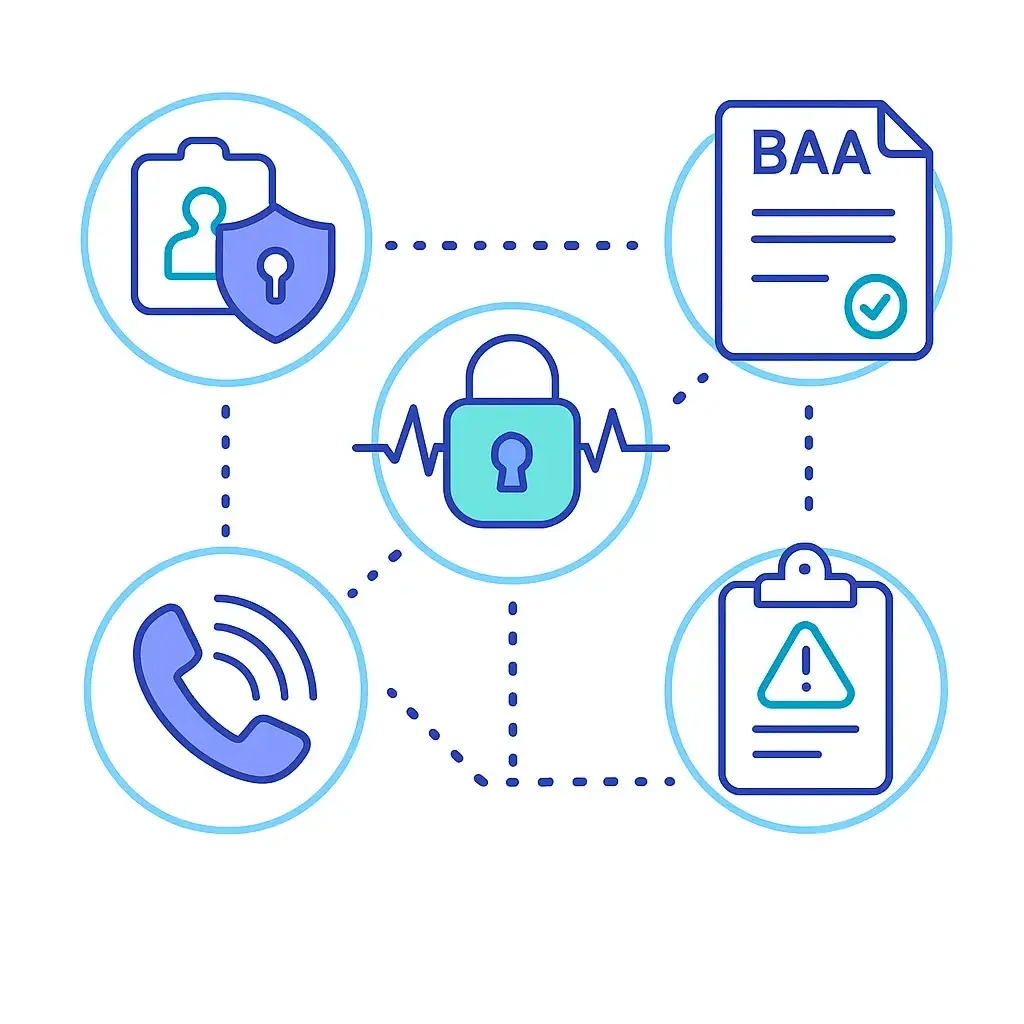 Circular flow of icons representing privacy, security, BAA, telephony, and risk assessment with dotted connectors.