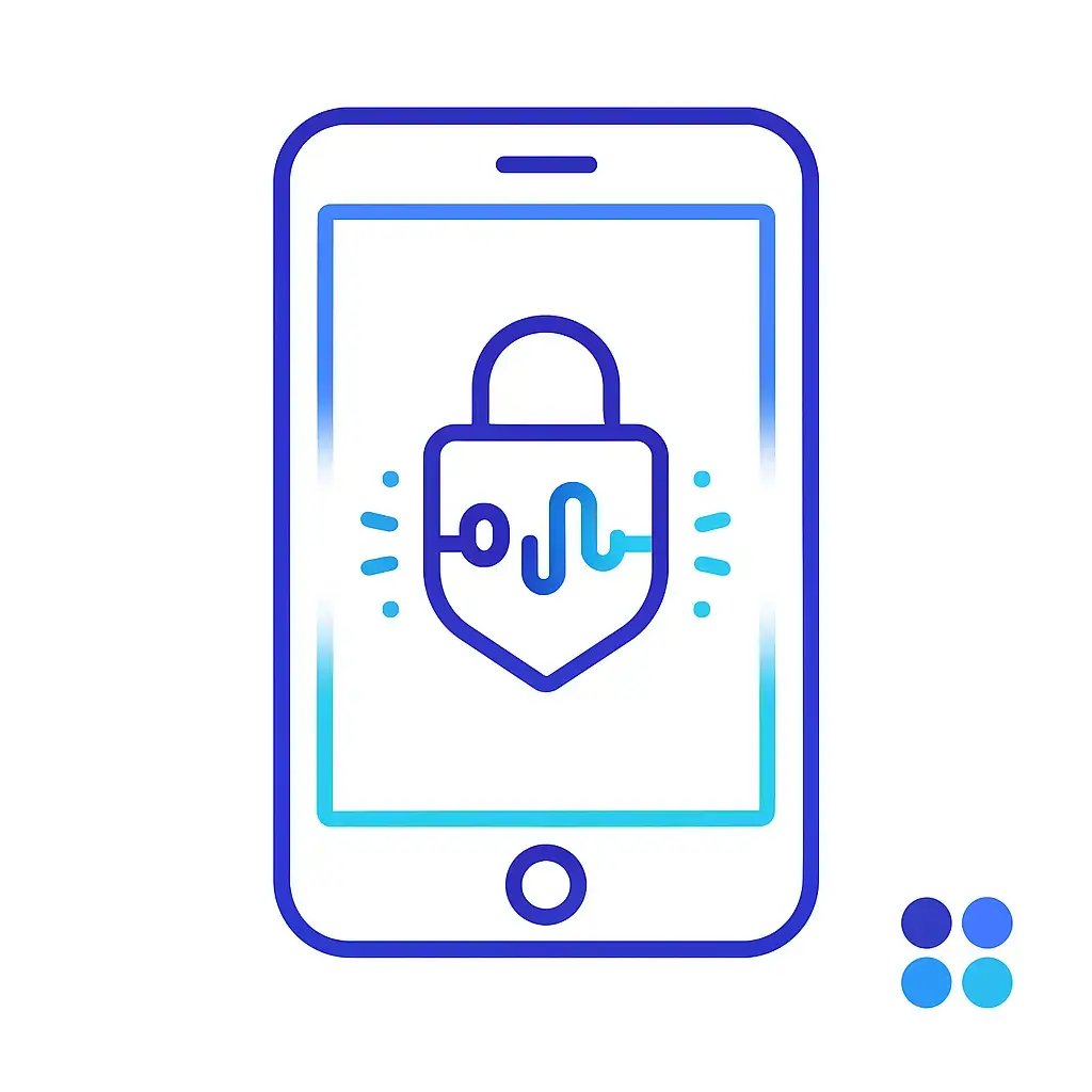 A smartphone screen displays a shield-shaped padlock emblem with integrated heartbeat circuitry, indicating that voicemail messages are encrypted for HIPAA compliance.
