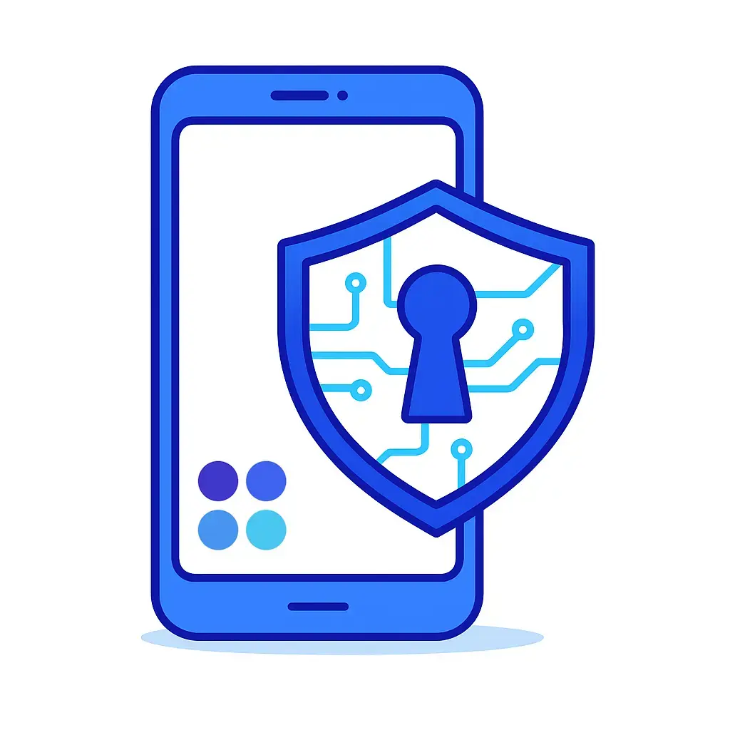 A tablet screen overlaid with a circuitry-pattern shield padlock icon represents the technical measures required to secure voicemail systems.