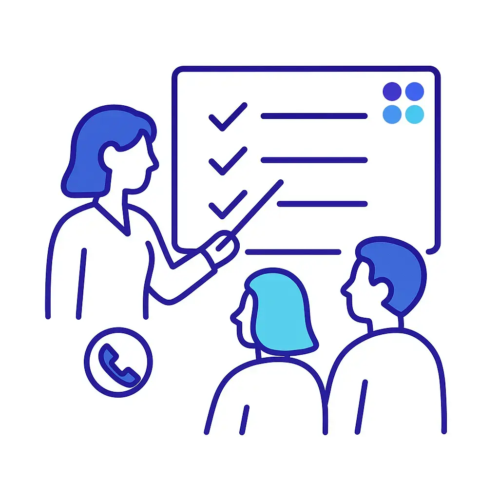 A trainer points to a checklist on a whiteboard while two staff members look on, representing HIPAA voicemail training.