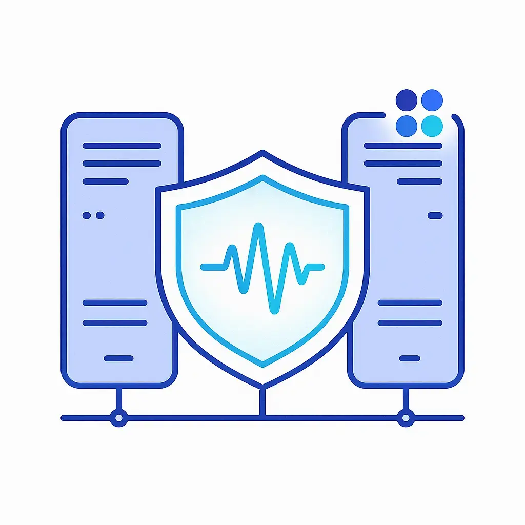 A shield bearing an audio waveform stands between two servers to depict protected voicemail storage on secure infrastructure.