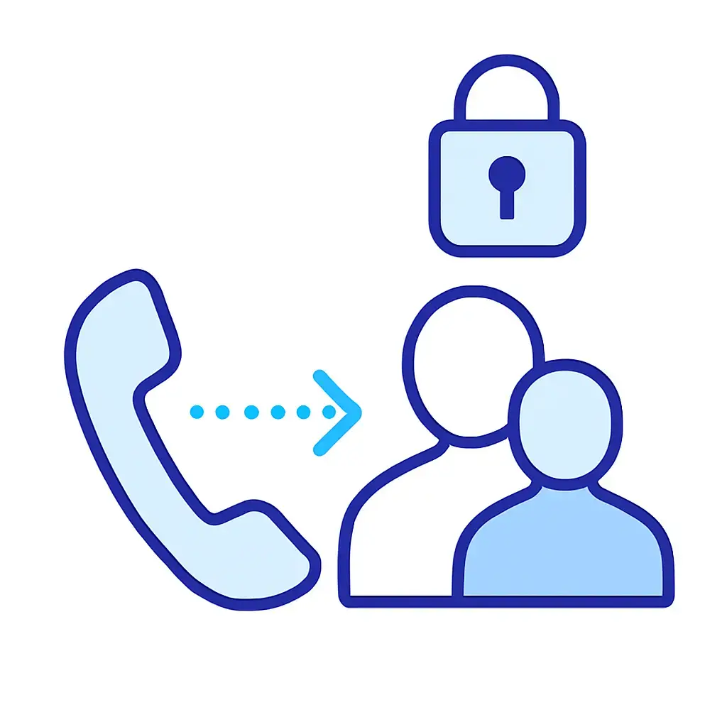 A phone icon points a call toward two silhouetted people beneath a padlock, illustrating confidential call forwarding.
