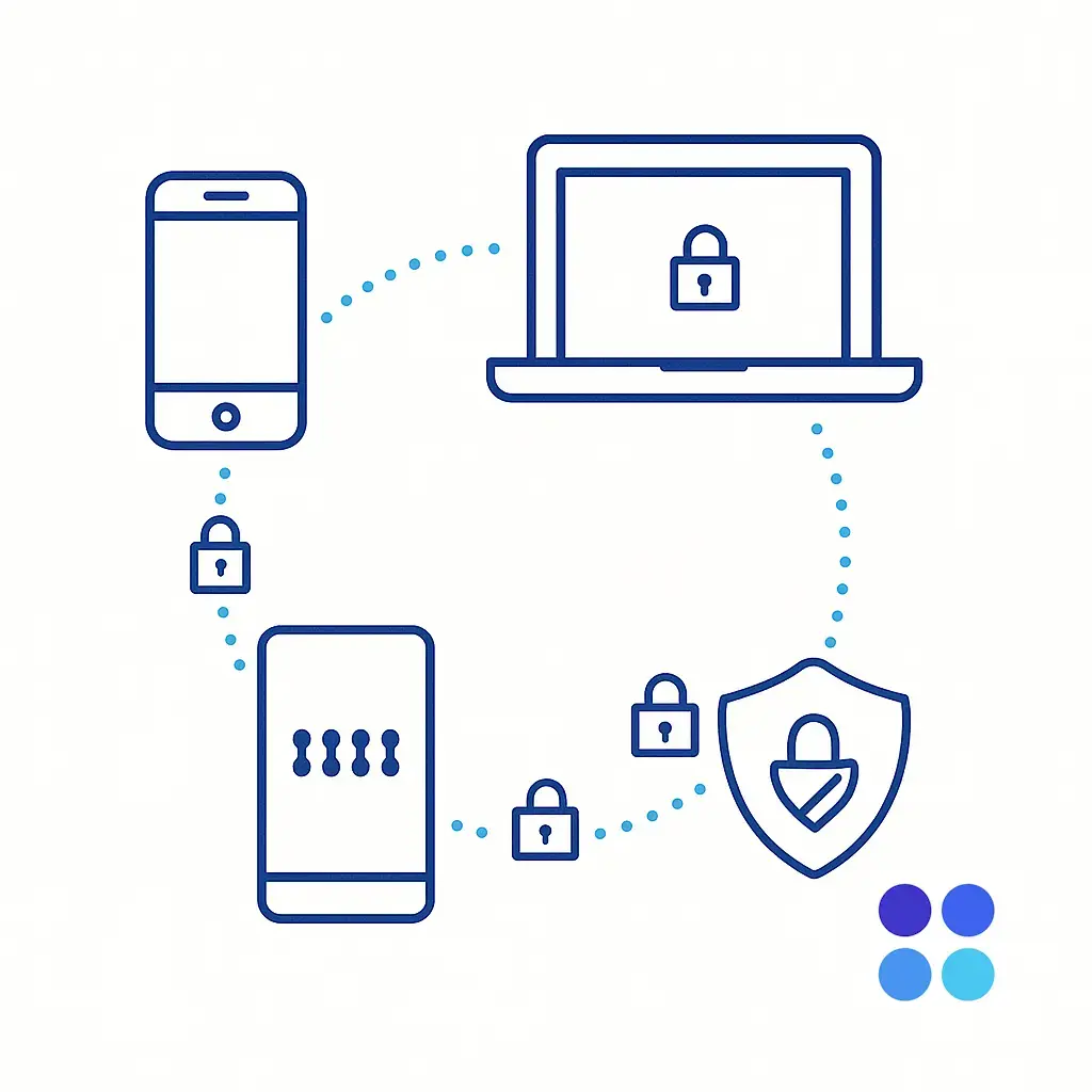 Multiple devices connected by dotted lines and padlock icons form a secure network for accessing HIPAA-compliant voicemails.