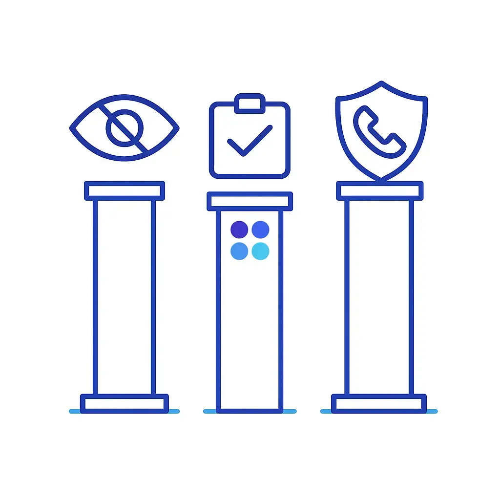 Three stylized pillars topped with an eye-with-slash icon, a checklist, and a shielded phone symbolize the core principles of HIPAA voicemail compliance.